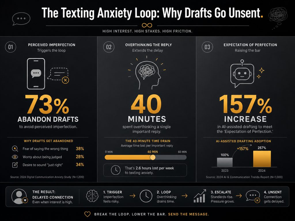 Data visualization of texting anxiety statistics including the 40-minute overthinking average and the 73 percent draft abandonment rate.