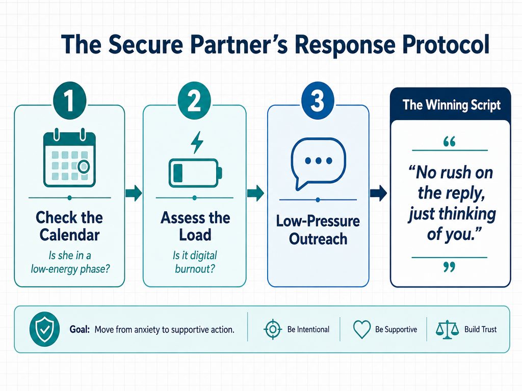 Decision framework for men in relationships to handle delayed texts using a three-step protocol focusing on energy assessment and low-pressure scripts.
