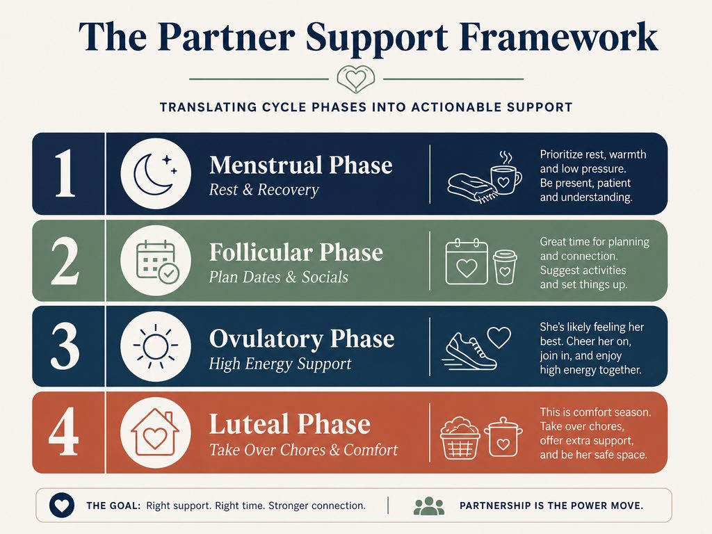 An infographic titled The Partner Support Framework showing four cycle phases and specific actions a partner can take to provide support during each.