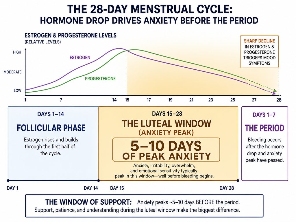 A menstrual cycle timeline chart highlighting the Luteal Phase from days 15 to 28 as the peak window for hormonal anxiety and mood shifts.
