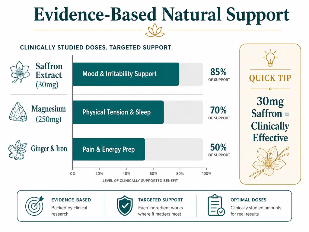 Bar chart showing the efficacy of Saffron, Magnesium, and Ginger for treating hormonal anxiety, highlighting specific dosages like 30mg of Saffron.