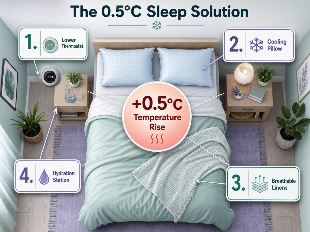 A bedroom cooling guide for partners of women with hormonal fatigue, highlighting the 0.5 degree Celsius body temperature rise during the luteal phase.