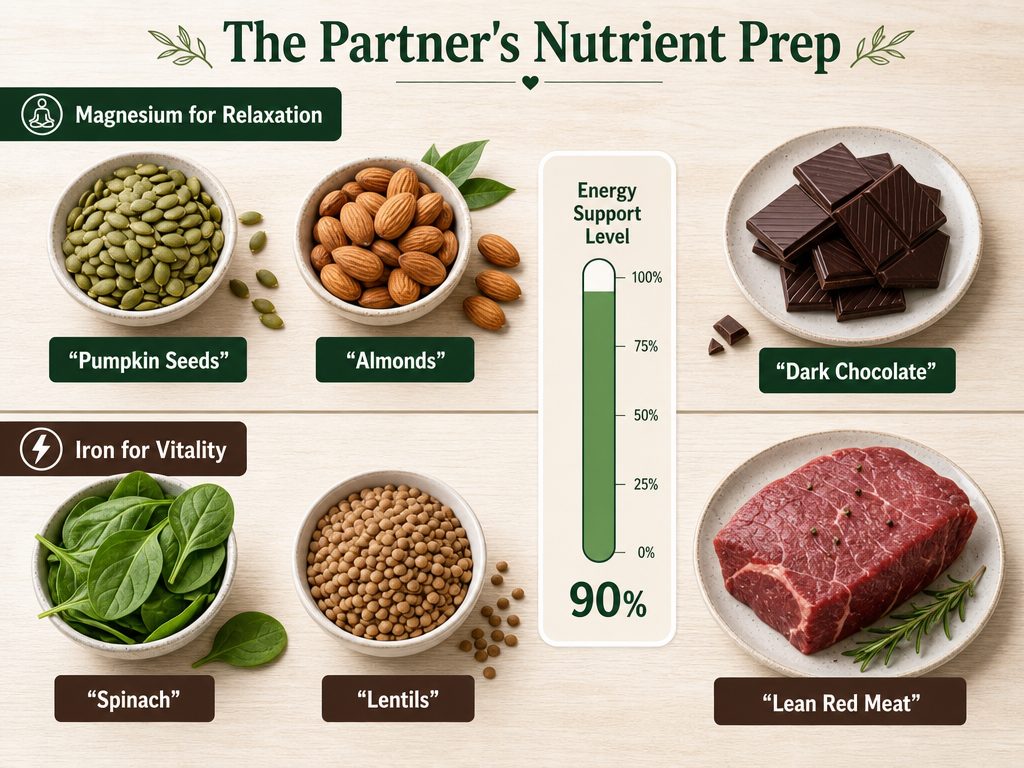 Visual guide of foods rich in magnesium and iron, such as spinach and pumpkin seeds, to naturally combat fatigue during the menstrual cycle.