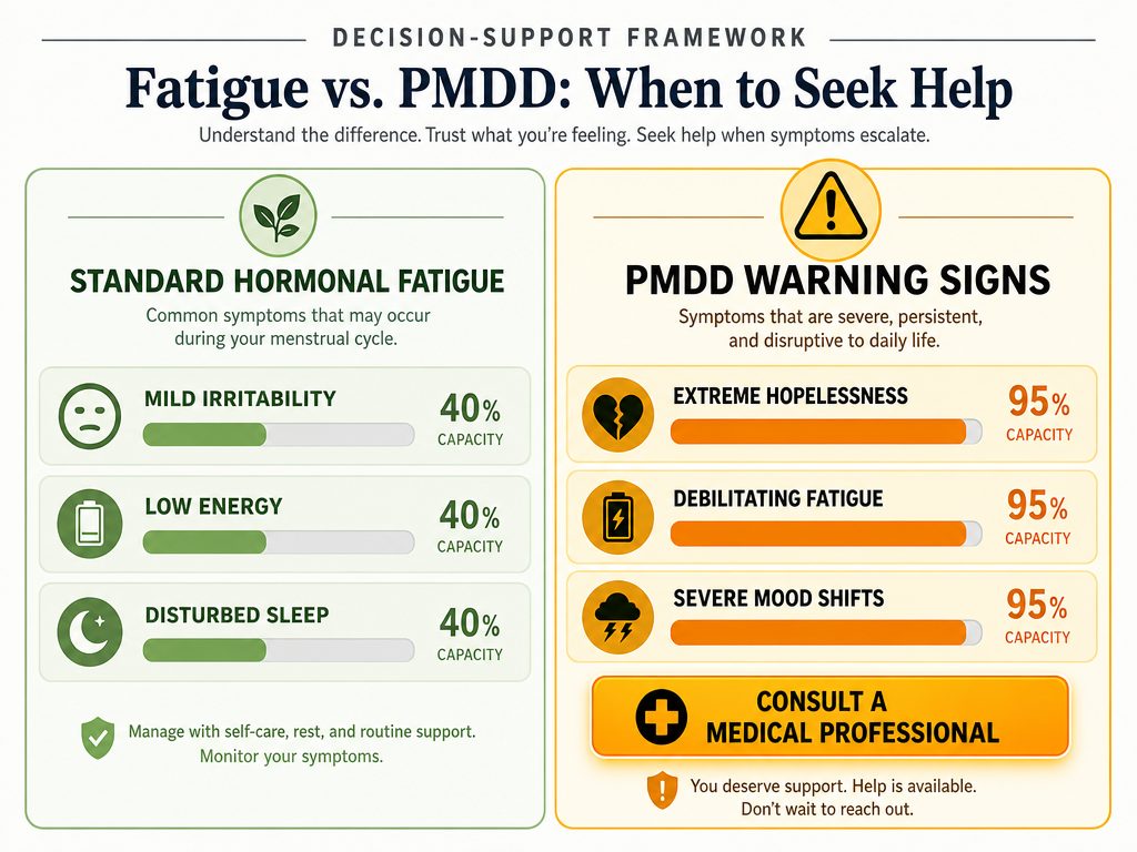 Comparison chart of normal menstrual fatigue symptoms versus PMDD warning signs, helping partners identify when medical professional help is needed.