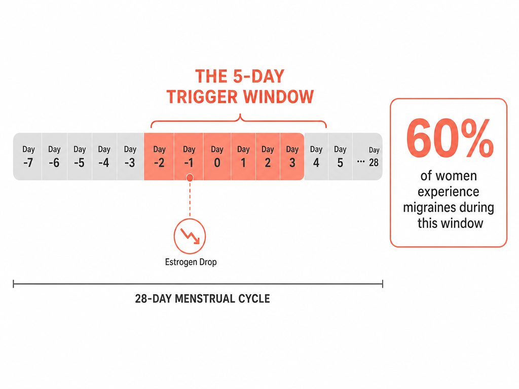 A timeline graphic showing the 5-day hormonal headache window from 2 days before a period to 3 days after it starts, highlighting the estrogen drop.
