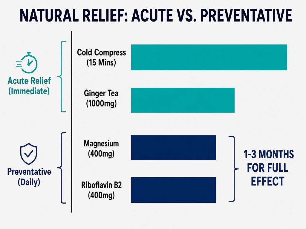 A bar chart comparing acute natural remedies like ginger and cold packs against preventative supplements like Magnesium and Vitamin B2.