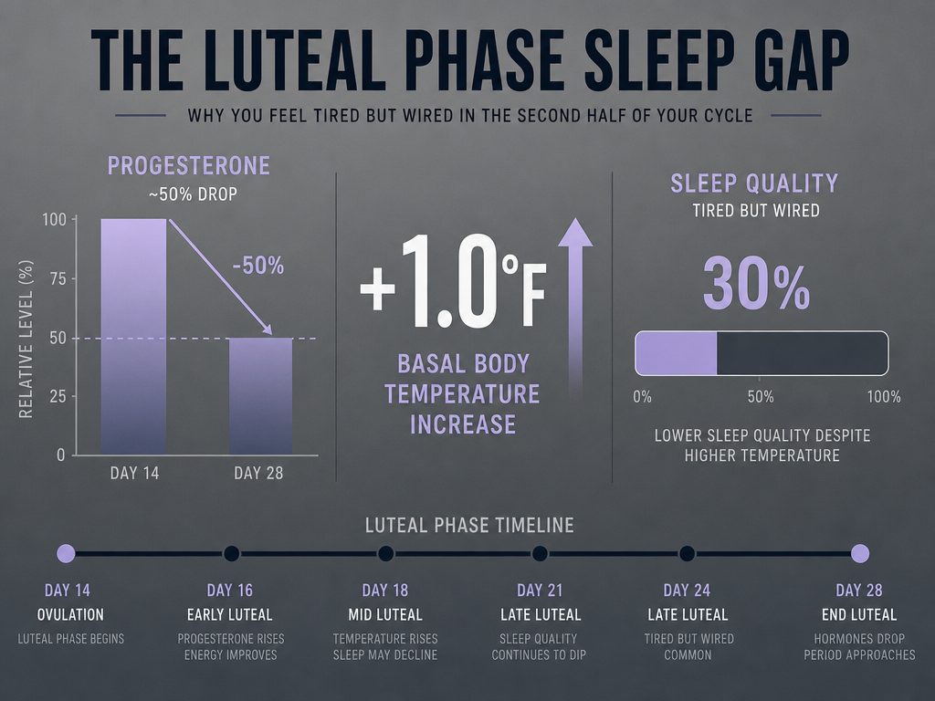 Infographic showing the drop in progesterone and 1 degree rise in body temperature during the luteal phase causing hormonal insomnia in women.
