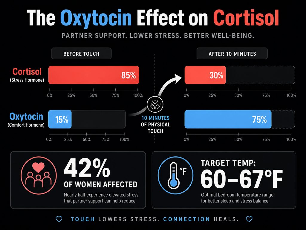 Data visualization bar chart showing how partner touch increases oxytocin and decreases cortisol levels to aid natural sleep for women.