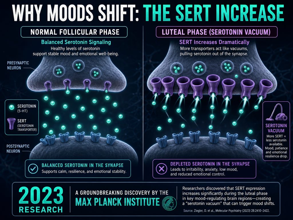 Diagram showing the Serotonin Vacuum effect where increased SERT transporters remove serotonin from the brain during the luteal phase of the cycle.