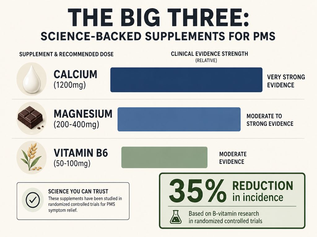 Infographic showing the three most effective supplements for PMS: Calcium, Magnesium, and Vitamin B6, with recommended dosages for irritability.
