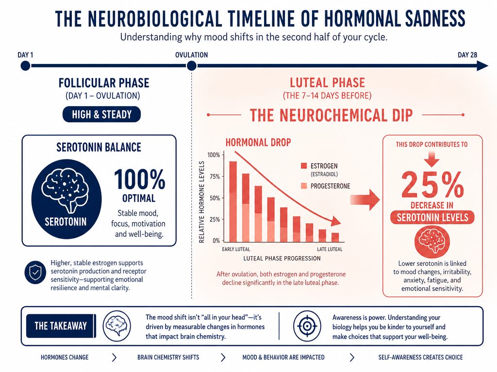 Infographic showing the decline of estrogen, progesterone, and serotonin levels during the luteal phase of the menstrual cycle.