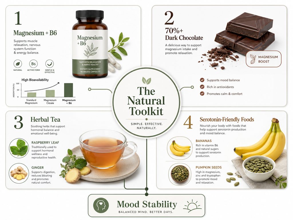 An infographic layout of natural aids for hormonal sadness including Magnesium, Vitamin B6, dark chocolate, and herbal teas.