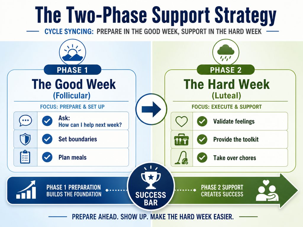 A two-phase strategy chart showing how to plan support during the follicular phase to better handle the luteal phase.