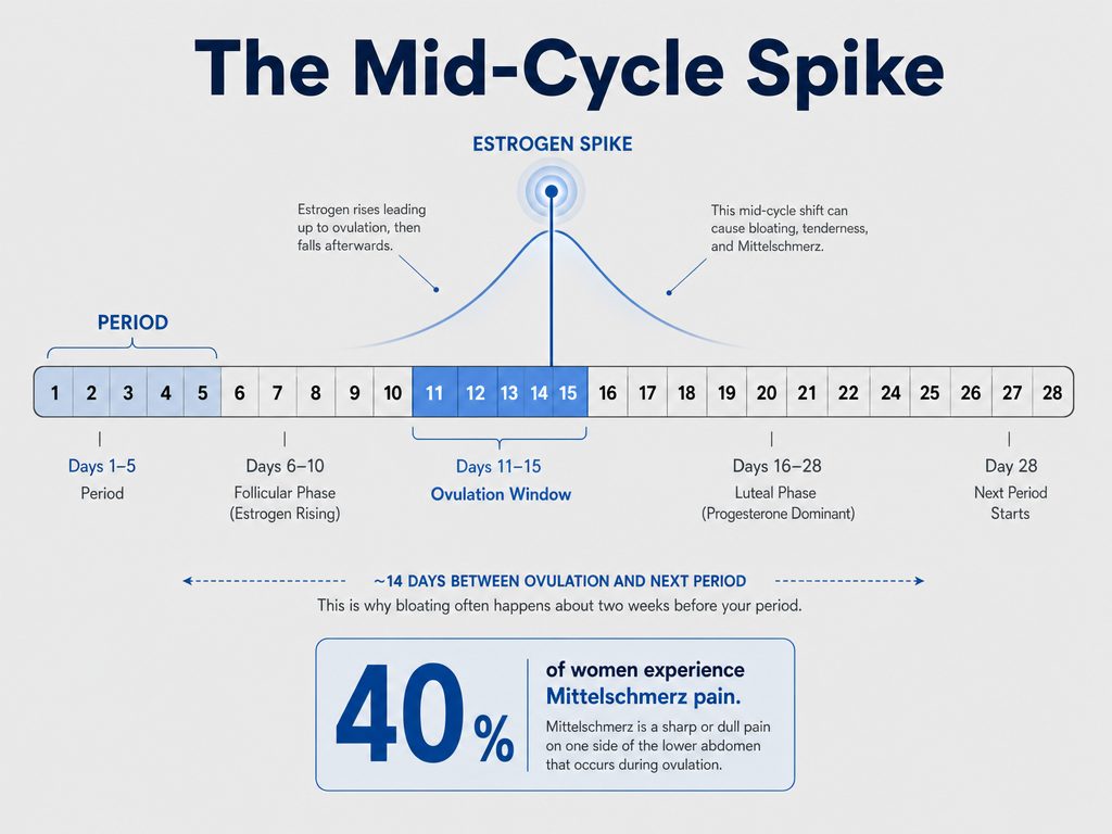 An educational infographic timeline of a 28-day menstrual cycle highlighting the ovulation window between days 11 and 15 to explain mid-cycle bloating.