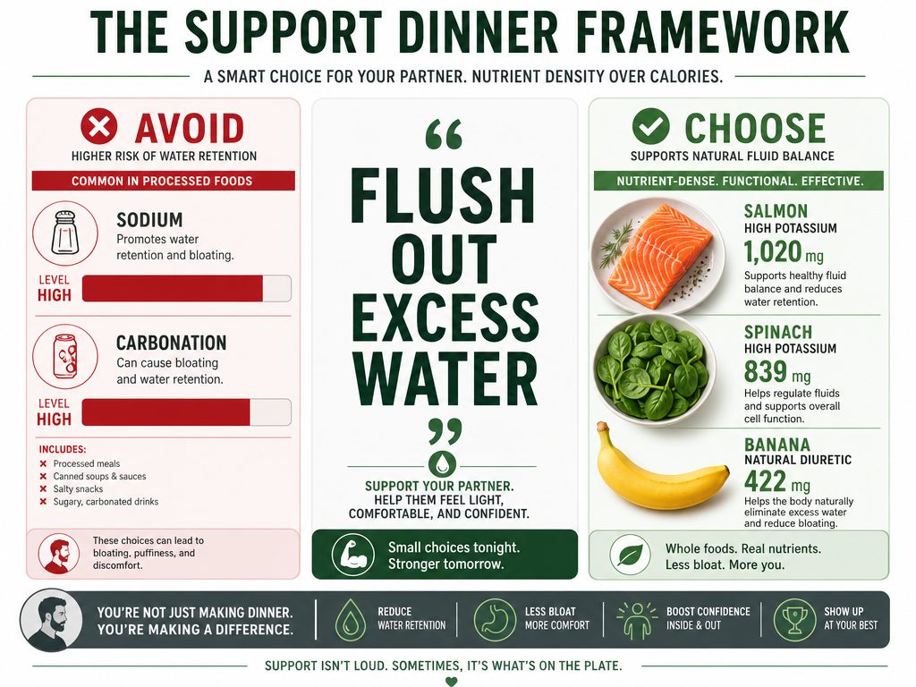 A comparison chart showing high-sodium foods to avoid versus high-potassium foods like salmon and spinach to help reduce water retention naturally.