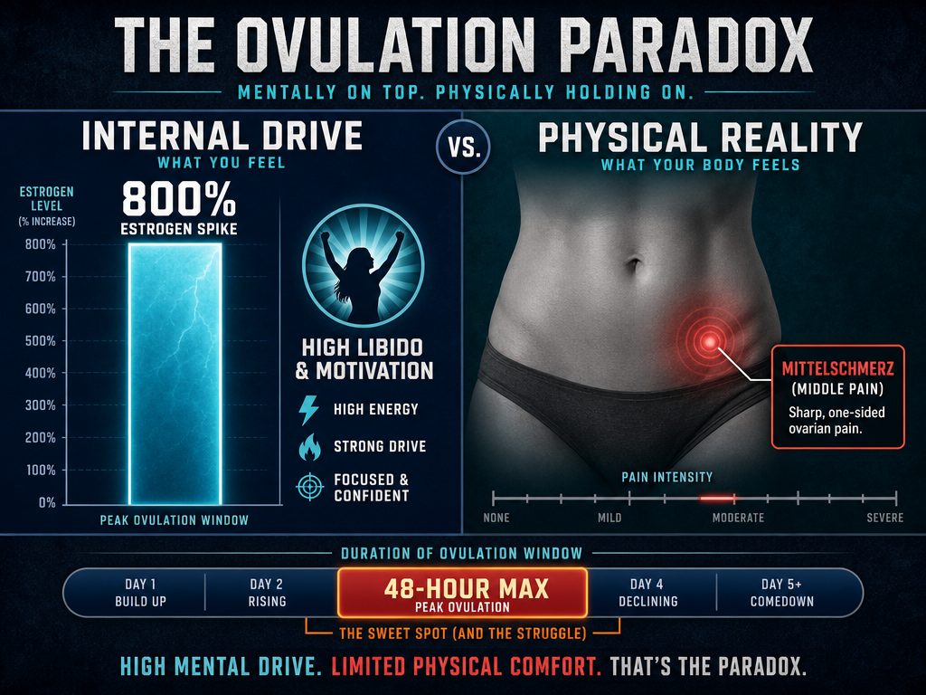 Understanding the ovulation paradox: her body experiences a massive hormonal energy surge even while dealing with the sharp, localized physical discomfort of mittelschmerz.