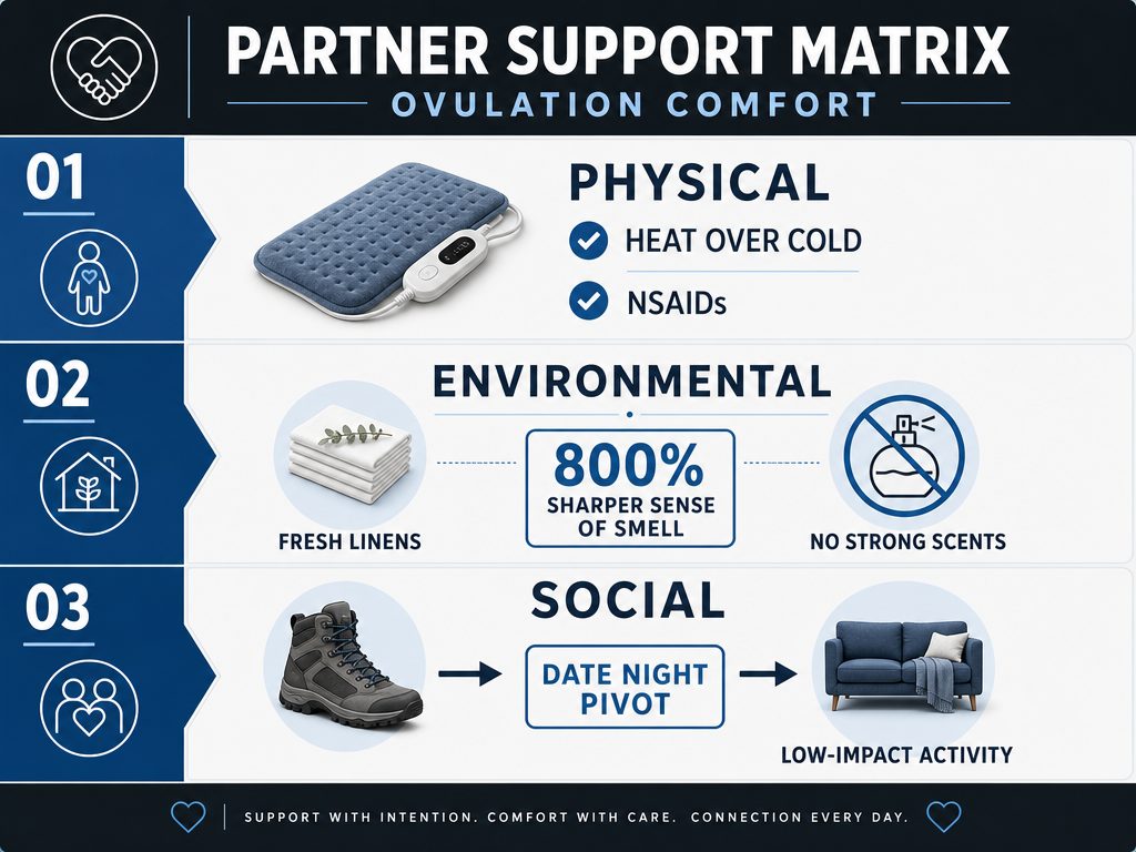 The Ovulation Support Matrix: A tactical guide for partners to provide physical relief, environmental comfort, and social flexibility during the mid-cycle pain phase.