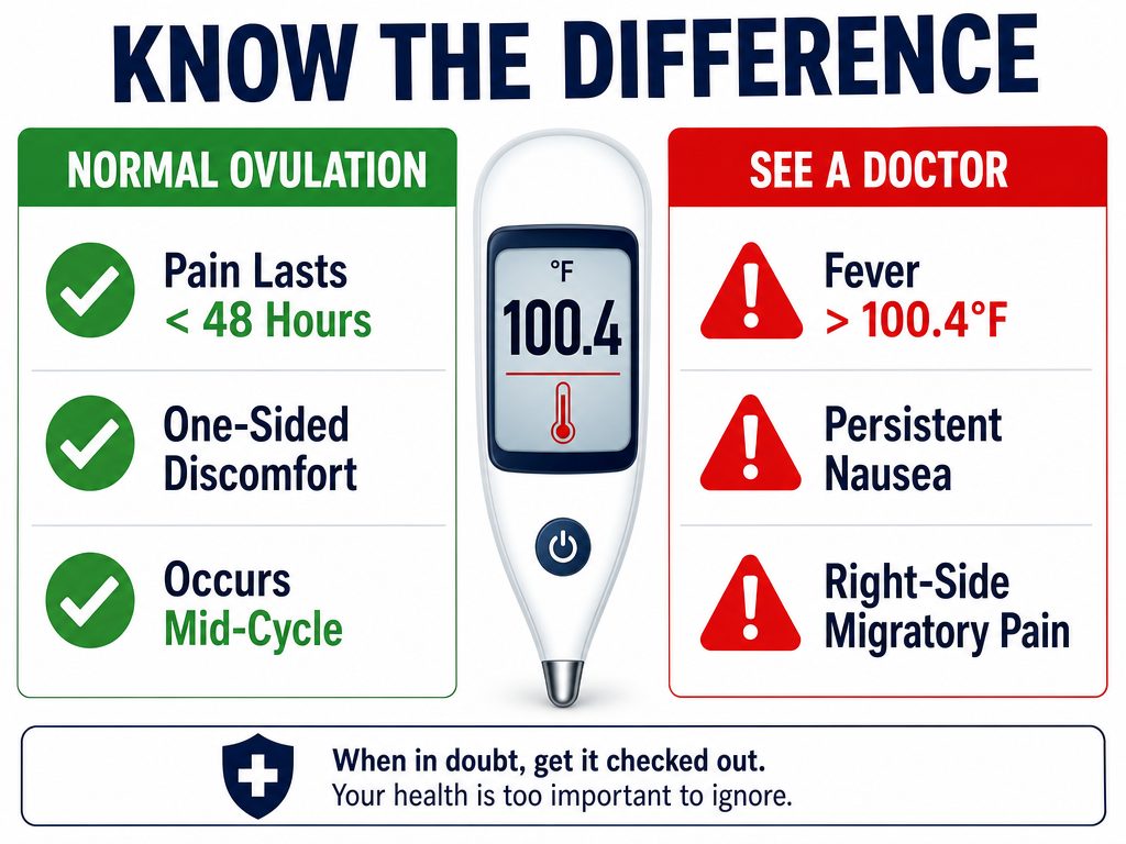 Distinguishing mid-cycle mittelschmerz from medical emergencies: Watch for persistent nausea or a fever over 100.4°F, which require immediate medical attention.