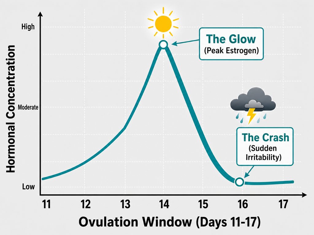 Line graph showing the sharp estrogen peak and subsequent crash during the ovulation window, highlighting the transition from 'The Glow' to 'The Crash'.