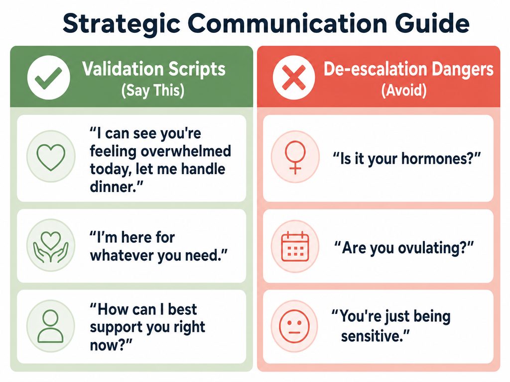 Infographic comparing supportive communication scripts for partners versus phrases that trigger conflict during a girlfriend's ovulation mood swings.