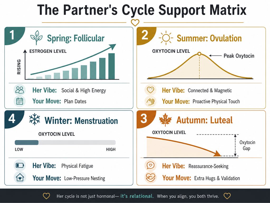 The Four Seasons Translation Matrix maps biological hormonal shifts to specific supportive actions, helping you provide the right type of affection at the right time.