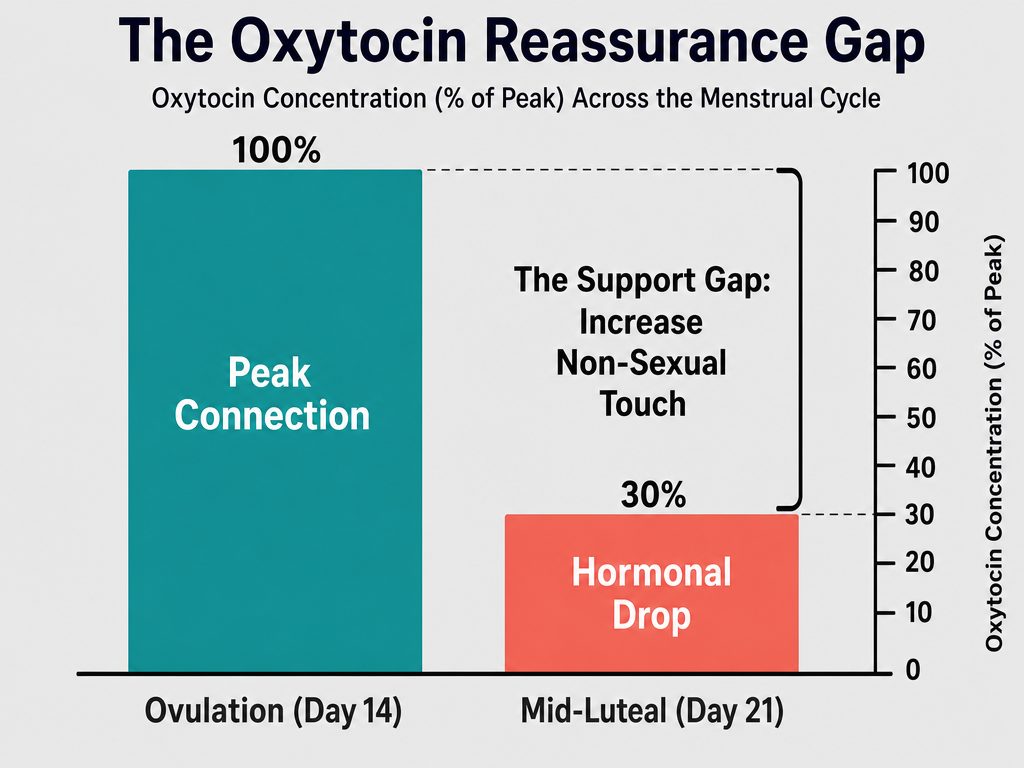 The 'Oxytocin Gap' explains why your partner may feel a sudden need for increased reassurance and closeness as her hormone levels naturally dip during the luteal phase.
