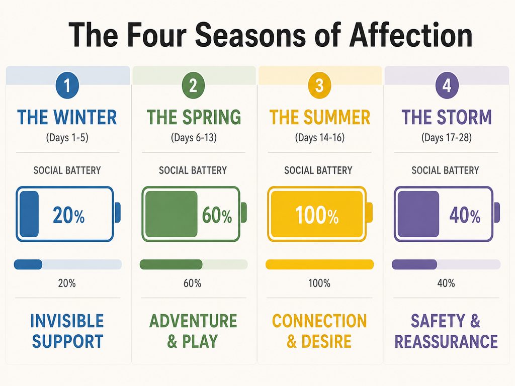A four-phase chart explaining the menstrual cycle's impact on energy and affection needs, categorized by Winter, Spring, Summer, and Storm phases.