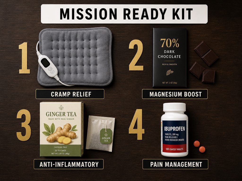 A numbered checklist visual of a period support kit for men, including a heating pad, dark chocolate, ginger tea, and ibuprofen.