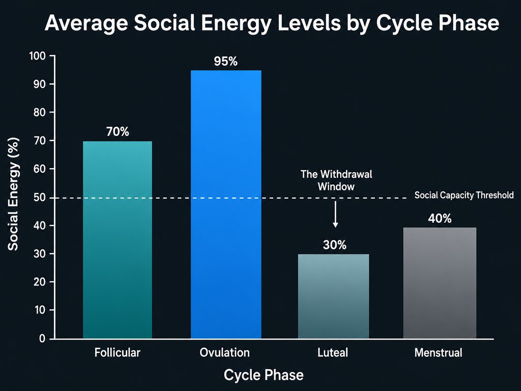 Bar chart showing social energy peaks during ovulation and drops significantly during the luteal phase, known as the withdrawal window.