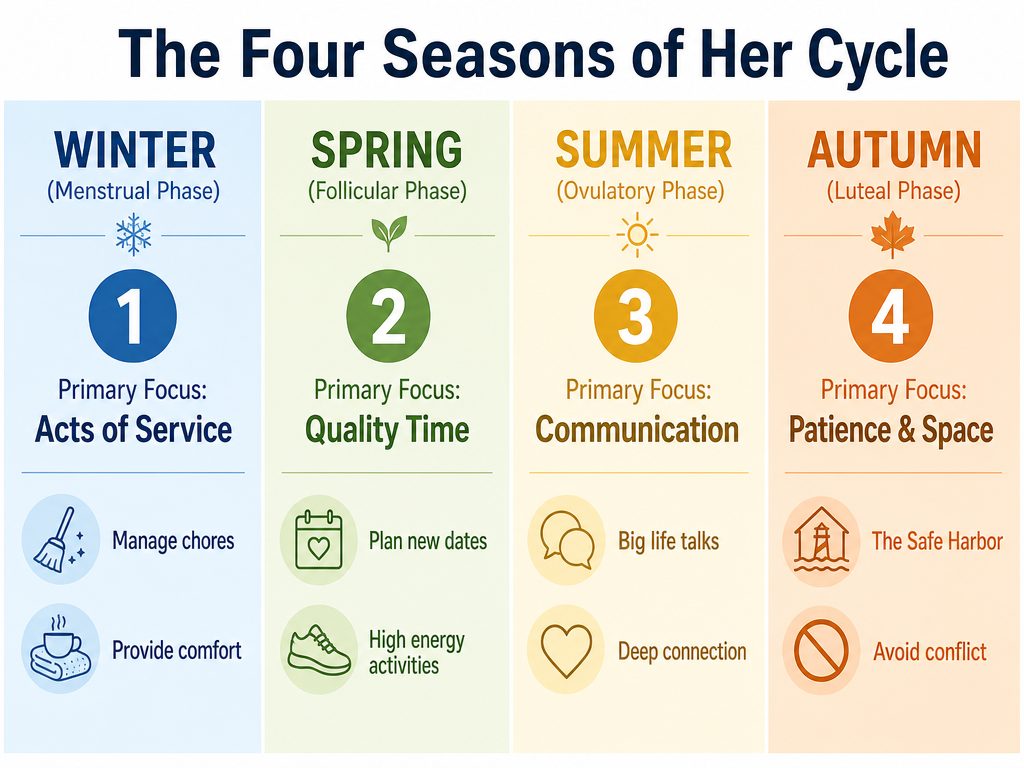 Infographic showing the Four Seasons of a partner's cycle: Winter (Menstrual), Spring (Follicular), Summer (Ovulatory), and Autumn (Luteal).
