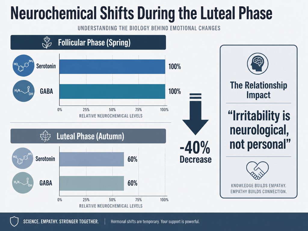 A bar chart comparing Serotonin and GABA levels in the Follicular vs. Luteal phases, showing a significant drop in mood-regulating neurochemicals.