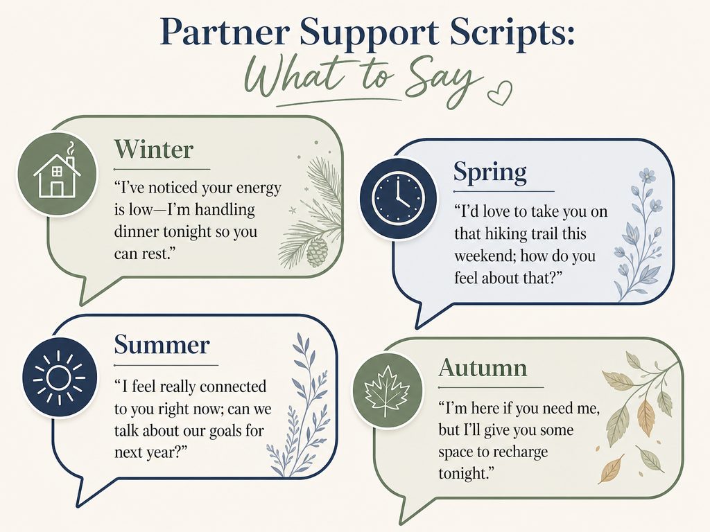 A collection of communication scripts for partners to use during different phases of the menstrual cycle to provide better emotional support.