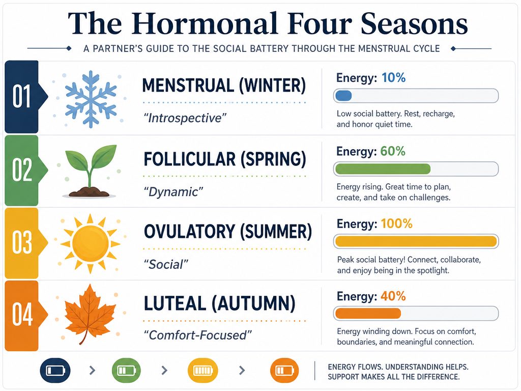 Infographic showing the four menstrual cycle phases - Menstrual, Follicular, Ovulatory, and Luteal - aligned with seasons and energy levels.