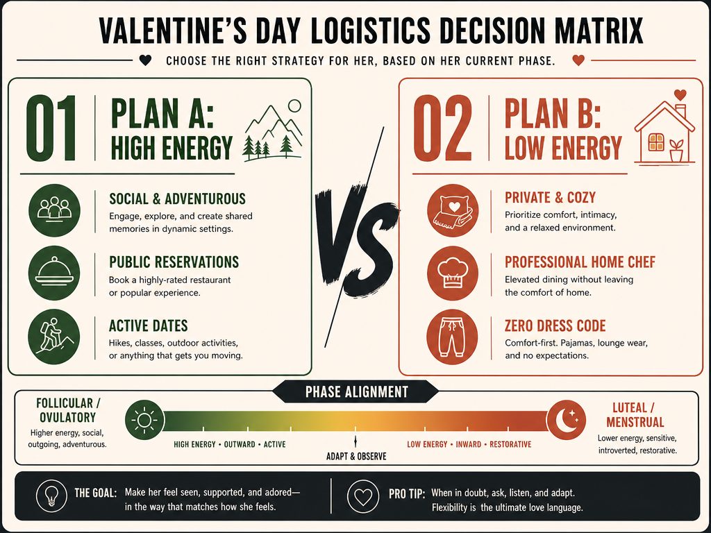 A comparison chart for Valentine's Day planning featuring Plan A for high-energy phases and Plan B for low-energy phases.