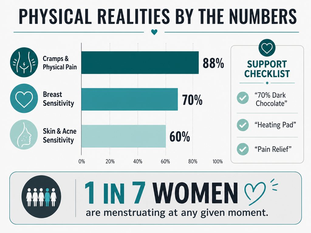 Bar chart displaying statistics on menstrual symptoms like cramps and sensitivity, paired with a checklist of supportive supplies for partners.
