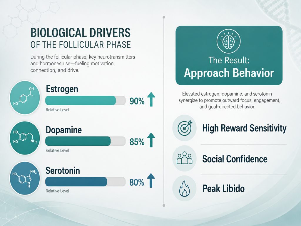 Infographic showing high Estrogen, Dopamine, and Serotonin levels during the follicular phase leading to increased social confidence and reward sensitivity.