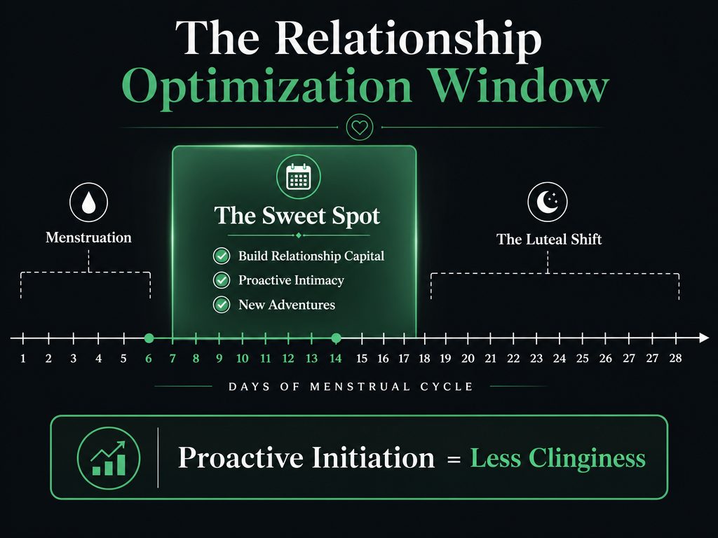 Menstrual cycle timeline highlighting days 6 to 14 as the 'sweet spot' for relationship bonding and proactive connection.