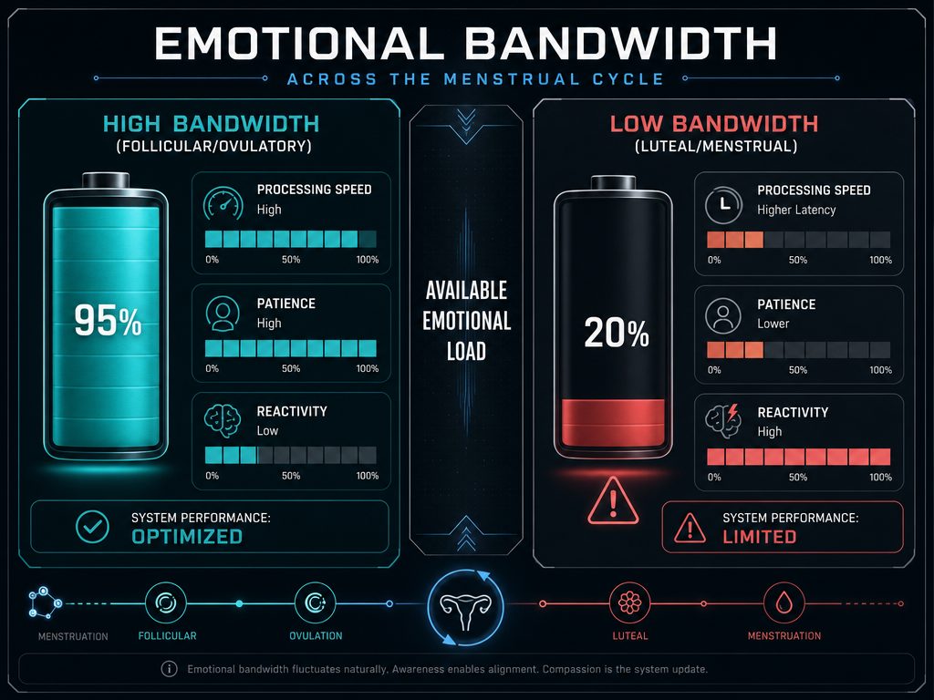 An infographic comparing high emotional bandwidth during the follicular phase versus low emotional bandwidth during the luteal phase of a cycle.