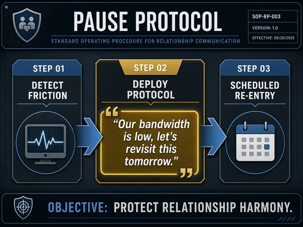 A three-step flow chart illustrating the 'Pause Protocol' for de-escalating arguments and rescheduling difficult conversations when emotional bandwidth is low.