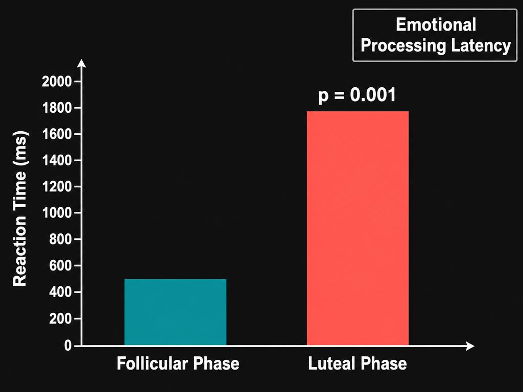 A bar chart showing the increased time required to resolve emotional conflict during the luteal phase compared to the follicular phase of the cycle.