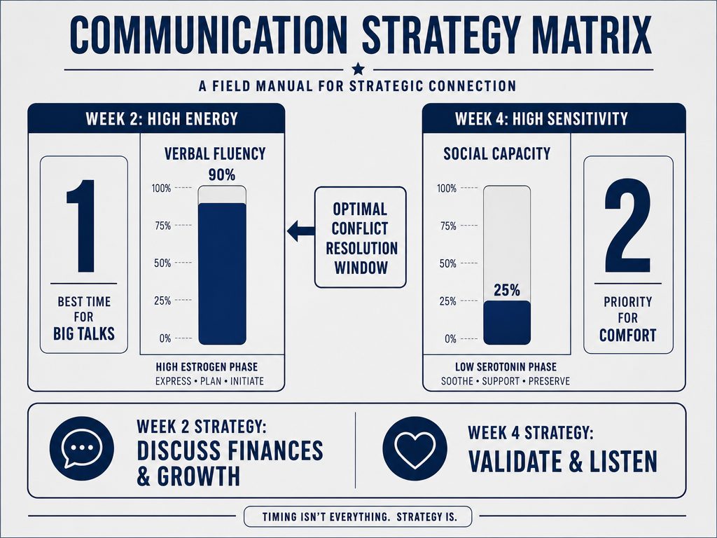 Comparison chart showing high verbal fluency in Week 2 versus high emotional sensitivity in Week 4, highlighting optimal times for big discussions.