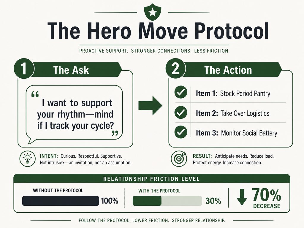 Two-step visual guide for cycle tracking permission and proactive 'Hero Move' actions to reduce relationship friction by 70%.
