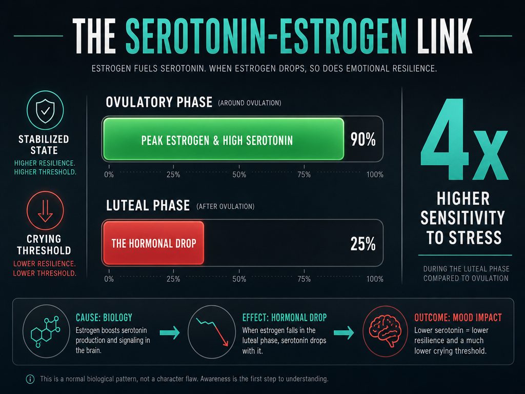 An infographic showing the drop in estrogen and serotonin levels between the ovulatory and luteal phases of the menstrual cycle.