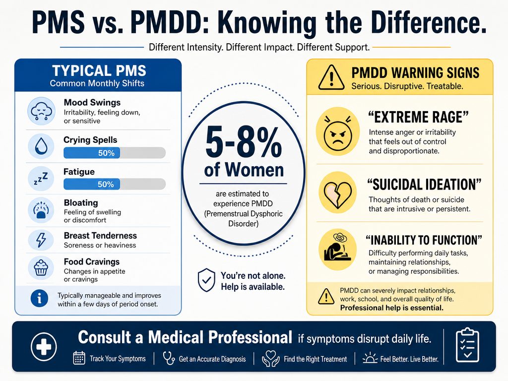 A diagnostic comparison chart showing the difference between standard PMS symptoms and severe PMDD warning signs.