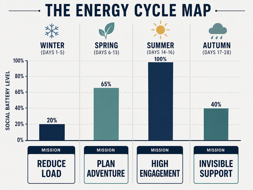 Infographic showing the four phases of the menstrual cycle as seasons, mapping energy levels and social battery for partner support planning.