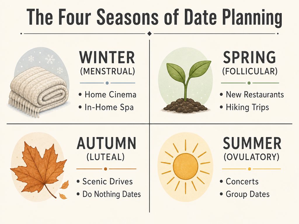 A 2x2 grid infographic mapping the four menstrual cycle phases to the seasons, providing specific date night themes for each phase.