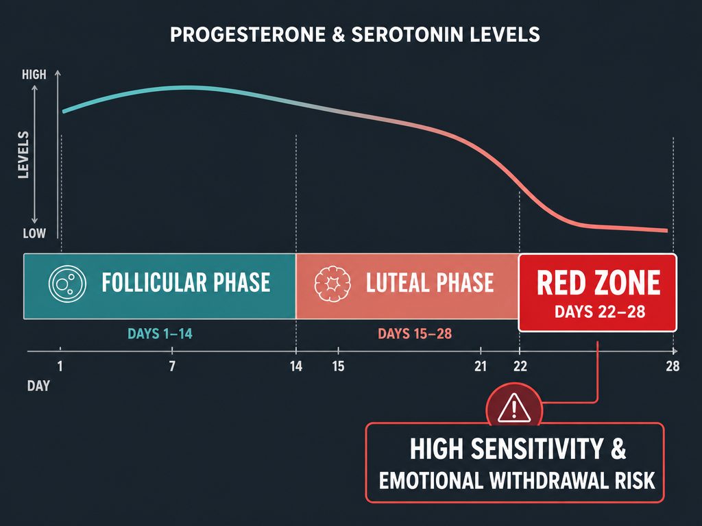 A 28-day menstrual cycle timeline highlighting the 'Red Zone' from days 22 to 28, showing the correlation between falling hormone levels and emotional distance.
