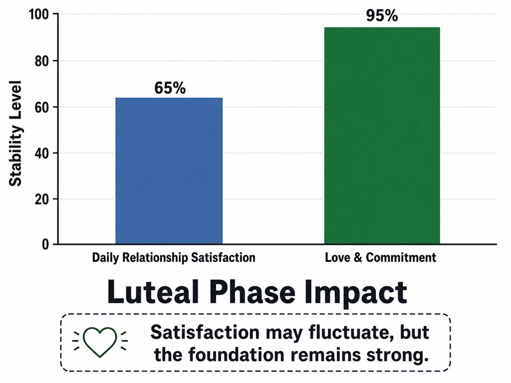 A bar chart comparing relationship satisfaction versus love and commitment during the luteal phase, showing that commitment remains high despite temporary dips in satisfaction.