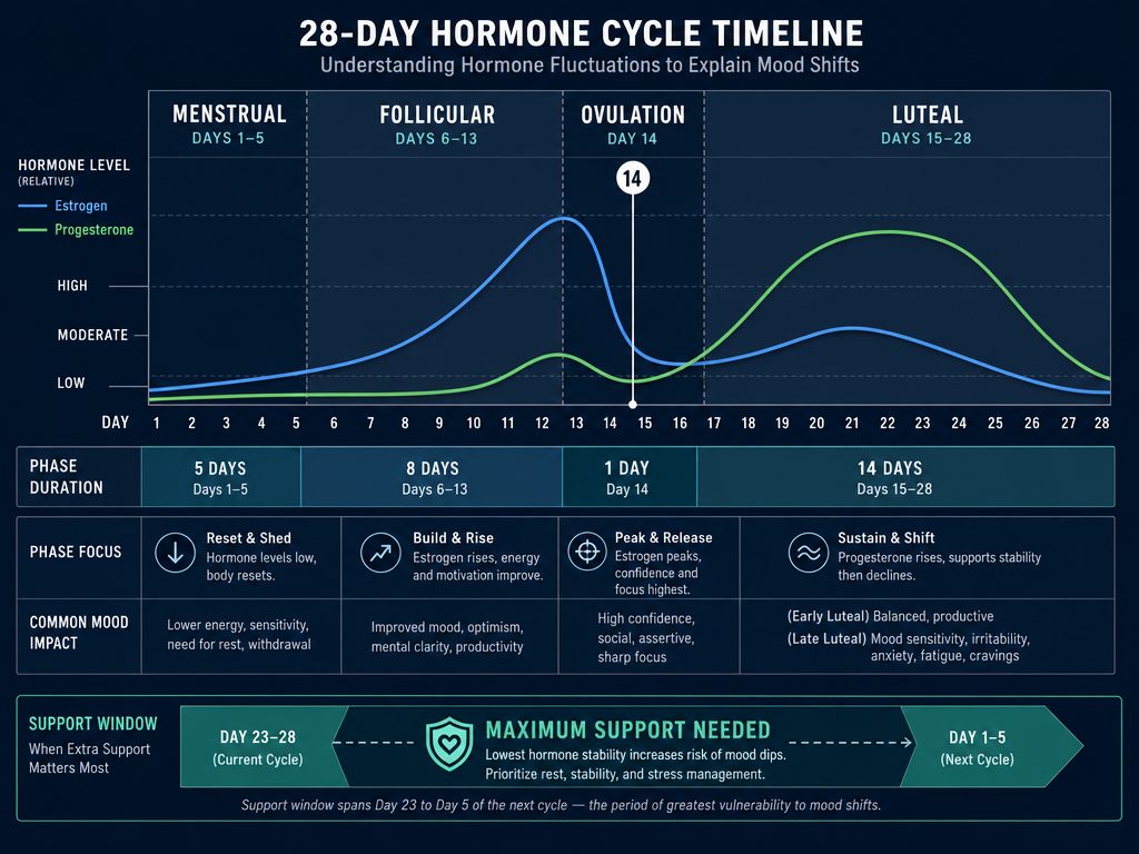 Graph of estrogen and progesterone levels during the 28-day menstrual cycle showing the four phases and the peak support window for partners.