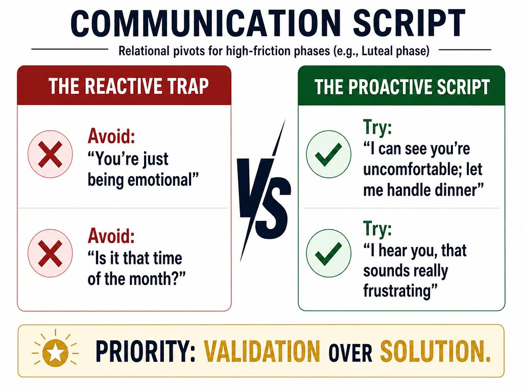 Comparison chart showing what to avoid saying versus helpful scripts for supporting a partner during their cycle, focusing on validation.